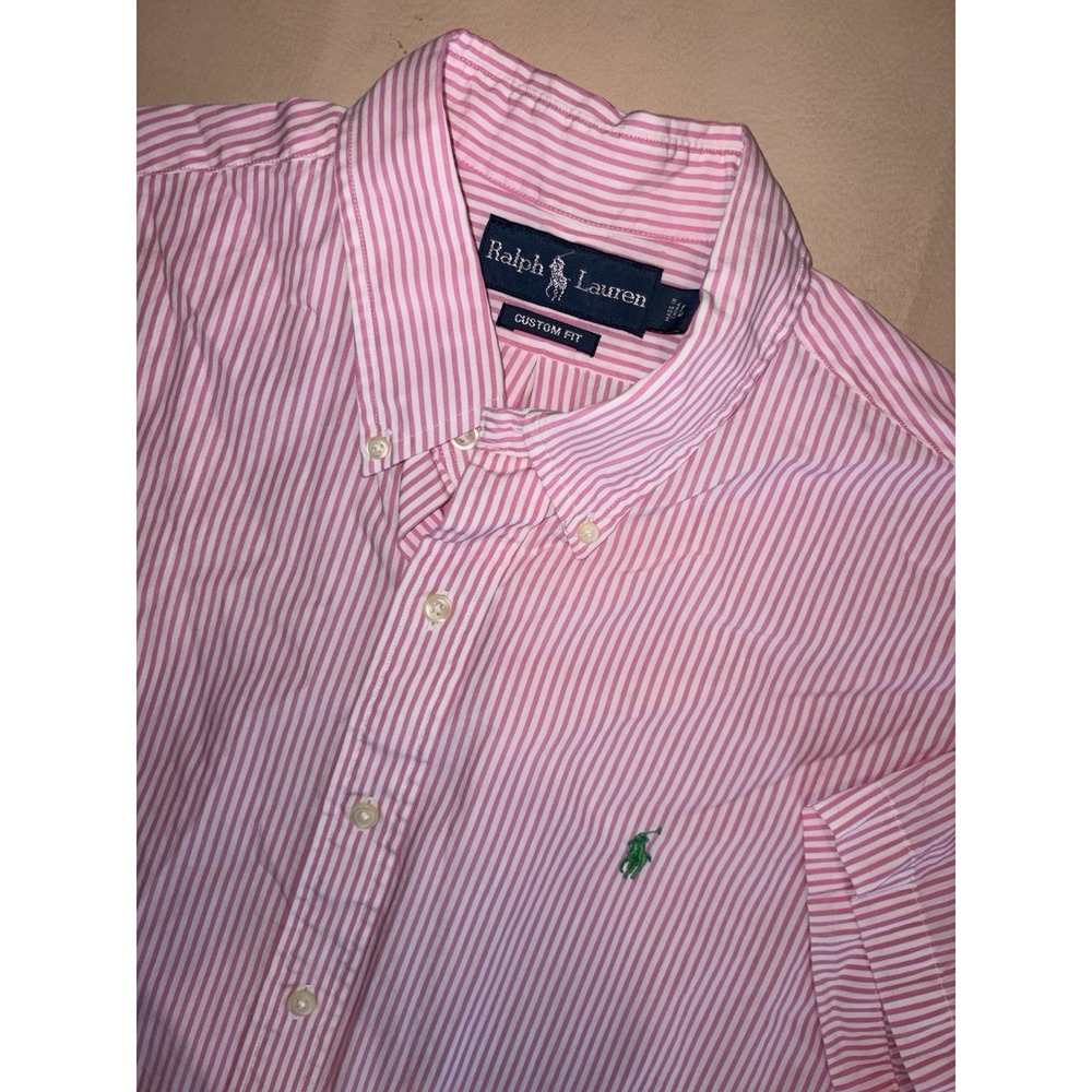Polo Ralph Lauren Short Sleeve Button Down Pink White Striped Large Classic Fit